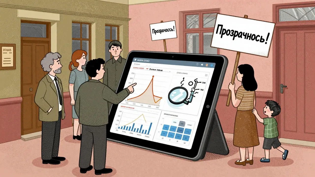 Жильцы собираются у планшета с реальными данными о потреблении ресурсов в доме.