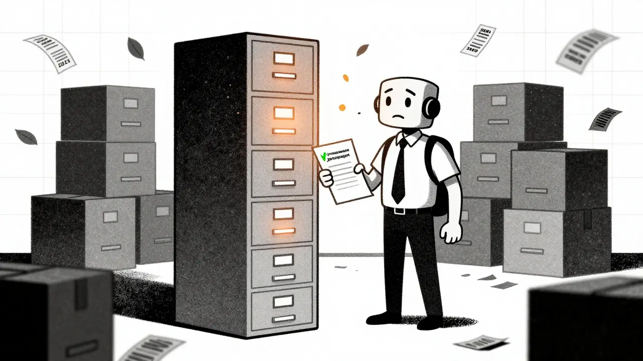 Бизнесмен перед роботом-налоговой инспекцией, держит исправленную декларацию, позади — тени прошлых лет.