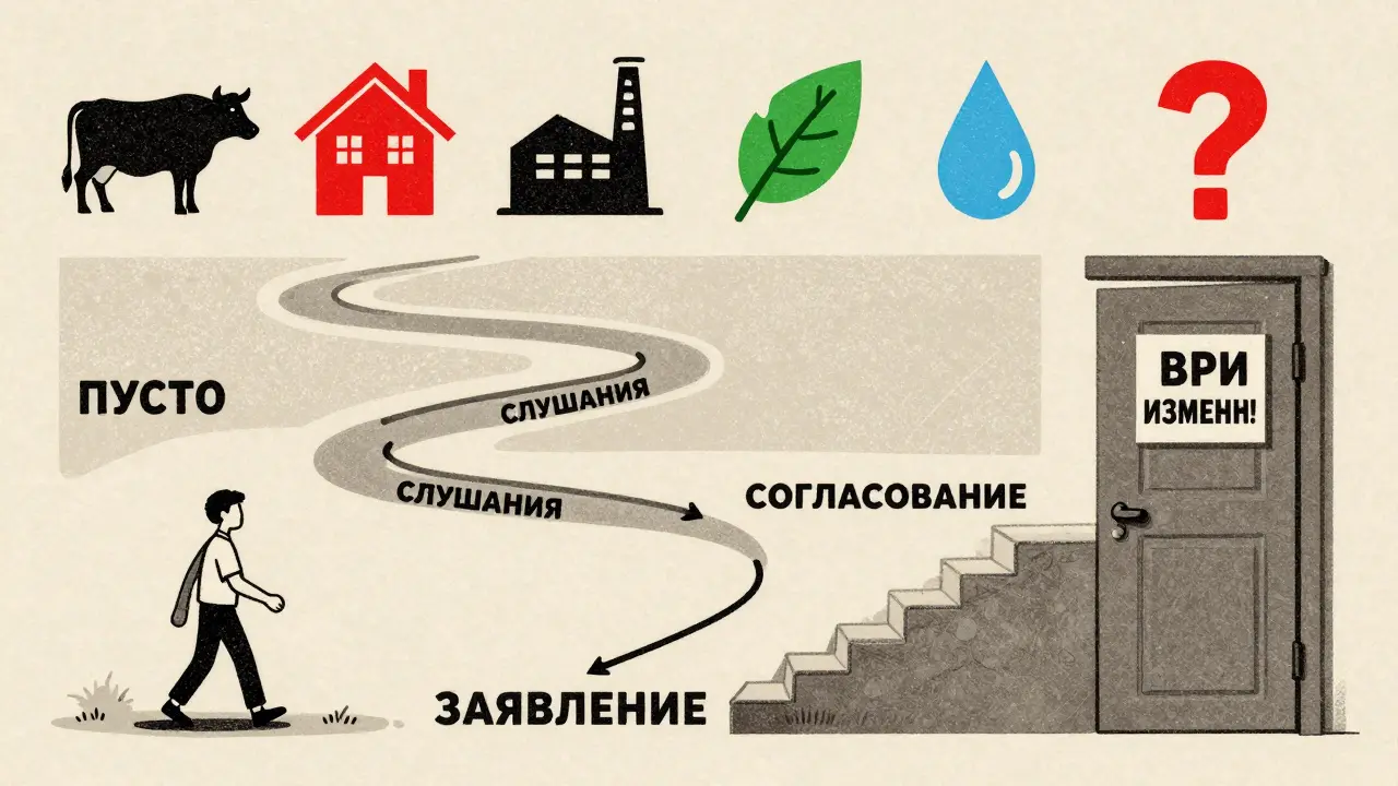 Человек проходит через бюрократическую лестницу к изменению ВРИ, с символами категорий земель и закрытой дверью, в стиле ризографии с тёплыми тонами.