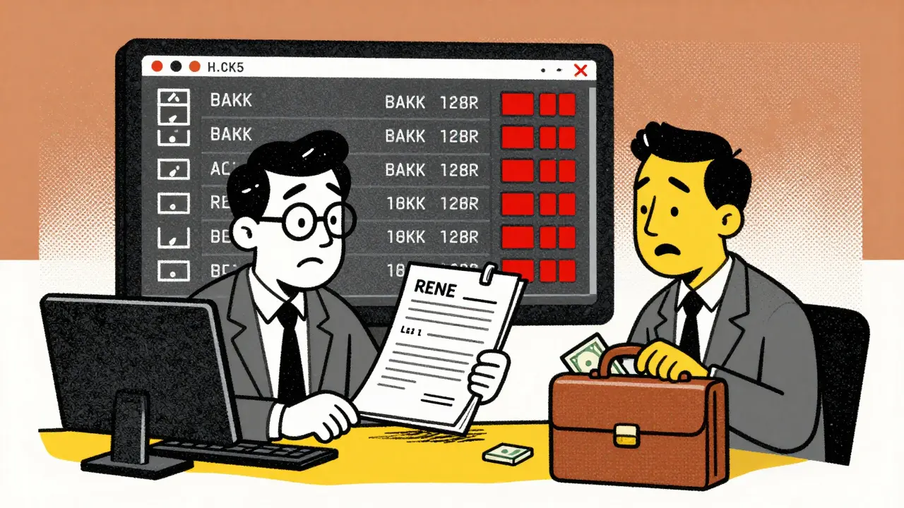 Директор и бухгалтер спорят в офисе, один прячет наличные, другой держит поддельный документ, на экране — красные предупреждения.