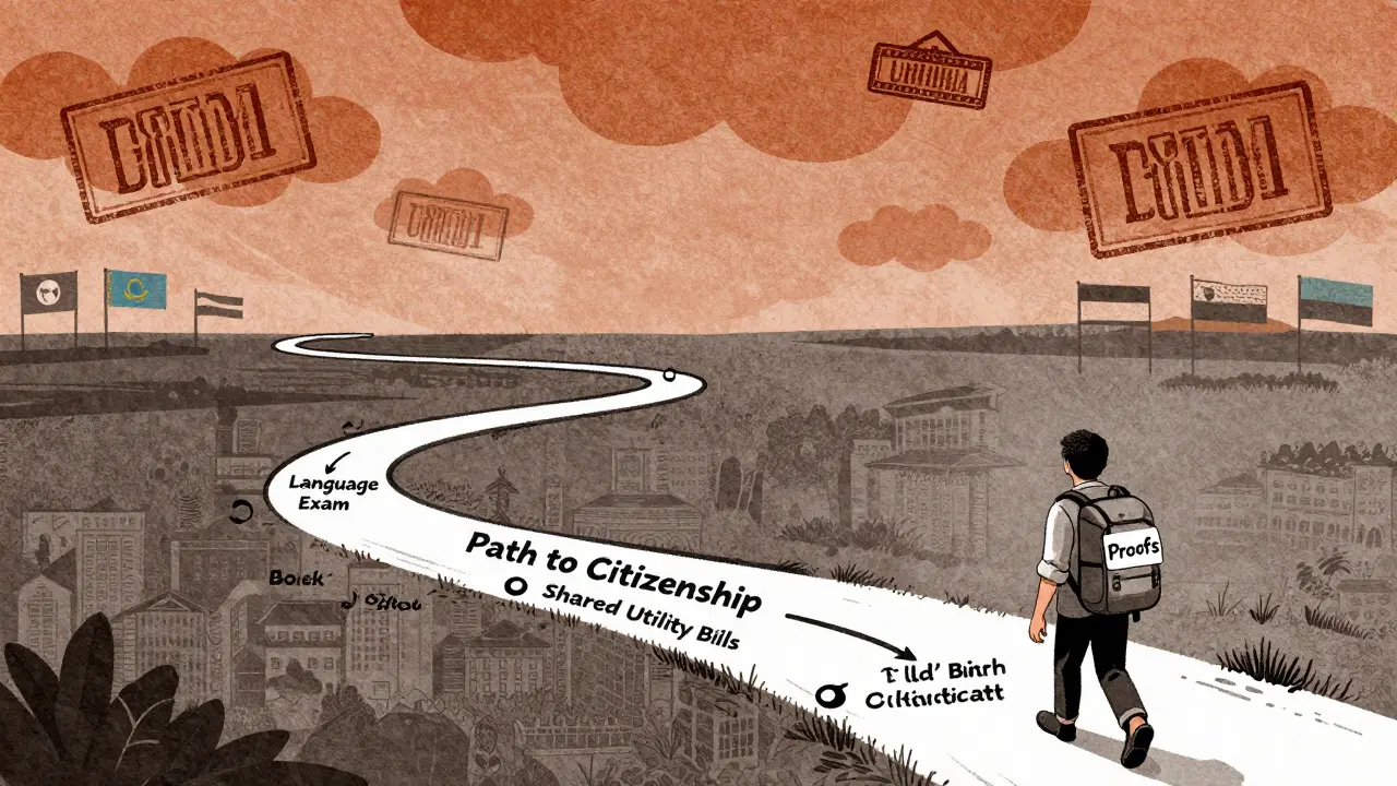 Долгий путь к гражданству с контрольными точками, одинокий путешественник несет доказательства совместной жизни.