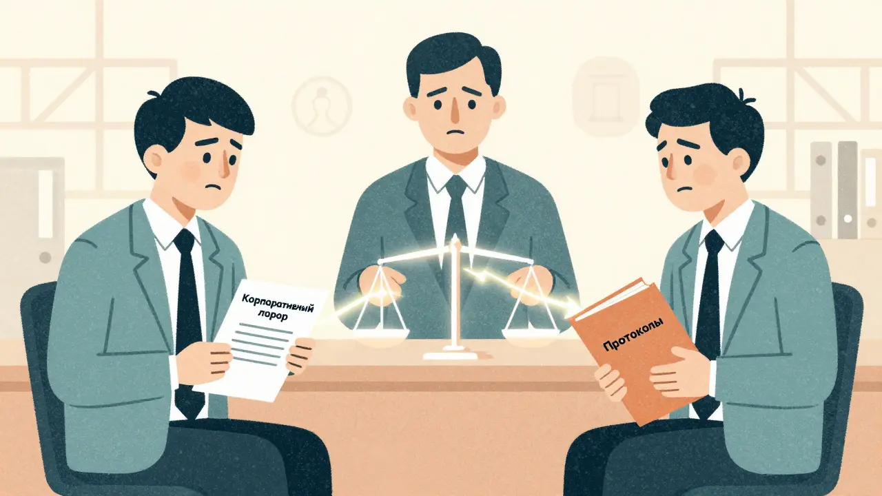 Медиатор помогает двум участникам ООО разрешить конфликт, между ними договор и протоколы.