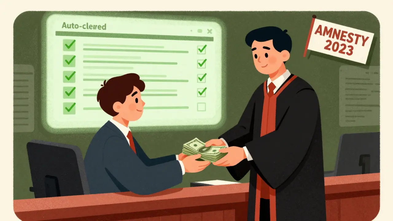 Обвиняемый платит налоги судье, а позади — цифровой экран с зелеными галочками, в углу — надпись 'АМНИСТИЯ 2023'.