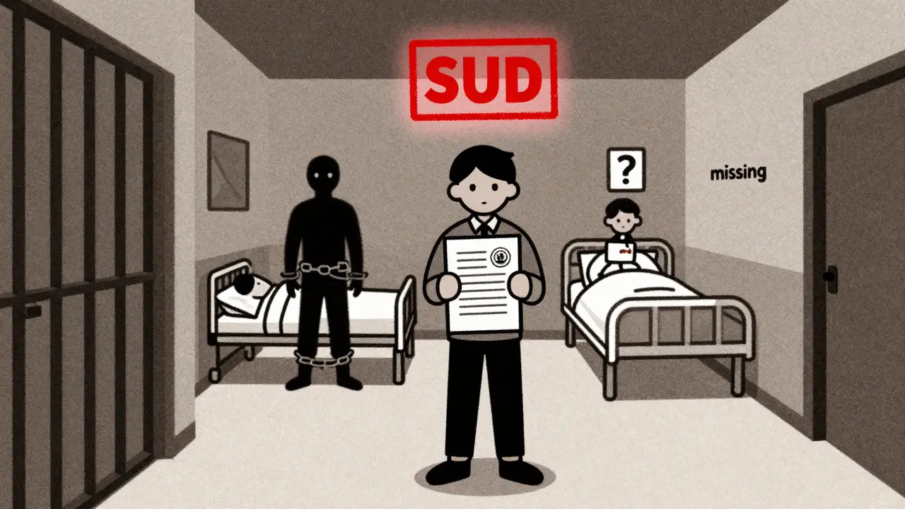 Одинокий человек в ЗАГСе с судебным решением, за ним — тени людей, для которых развод возможен без согласия: в тюрьме, безвестно отсутствующий, недееспособный.