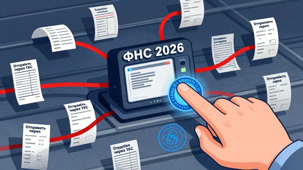 Потоки данных в реальном времени входят в систему ФНС, один поток красный, рука отправляет ответ через ТКС с ЭЦП.