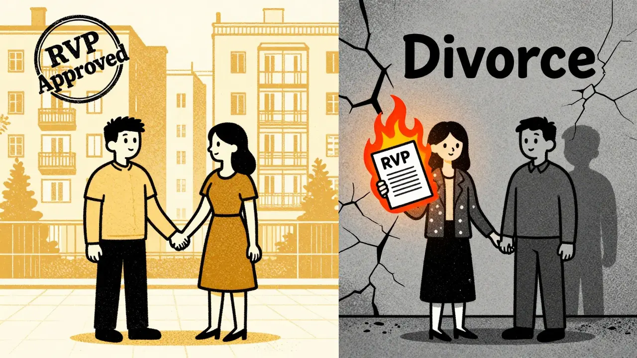 Разделенная сцена: пара вместе с одобренным РВП слева и разведенная пара с горящим РВП справа.