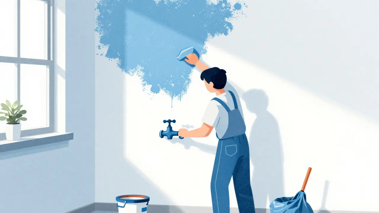 Ремонт комнаты: красят стены, чинят кран, вывозят мусор. Чистый интерьер
