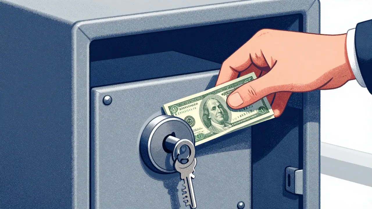 Рука кладет деньги в банковскую ячейку с ключом в замке. Безопасная сделка