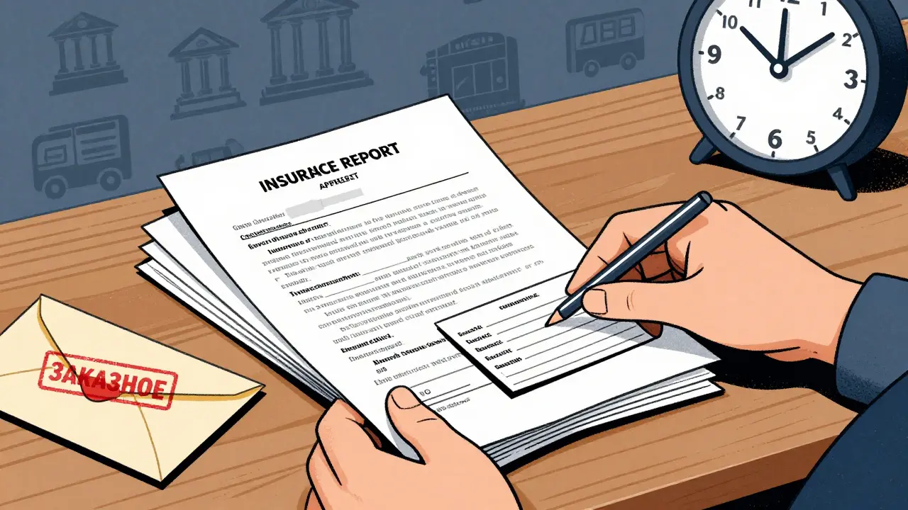 Рука кладет на стол документы по ДТП: экспертный отчет, полис и квитанцию, рядом — заказное письмо с печатью.