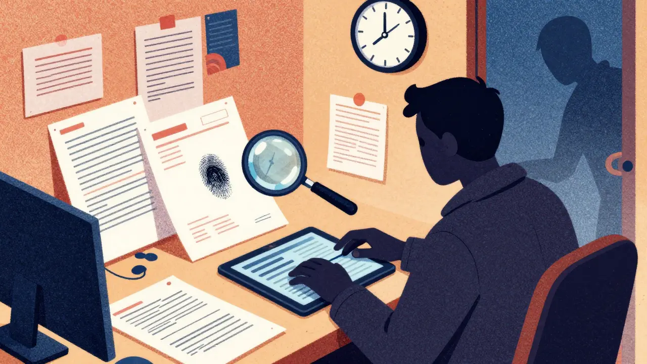 Следователь работает за столом с делами, на столе — отпечаток пальца и планшет.