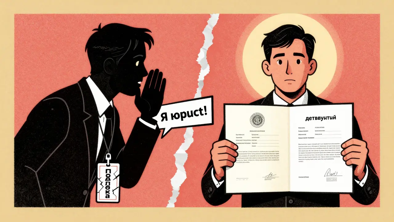 Сравнение честного адвоката с мошенником: один с официальными данными, другой — с поддельным значком.