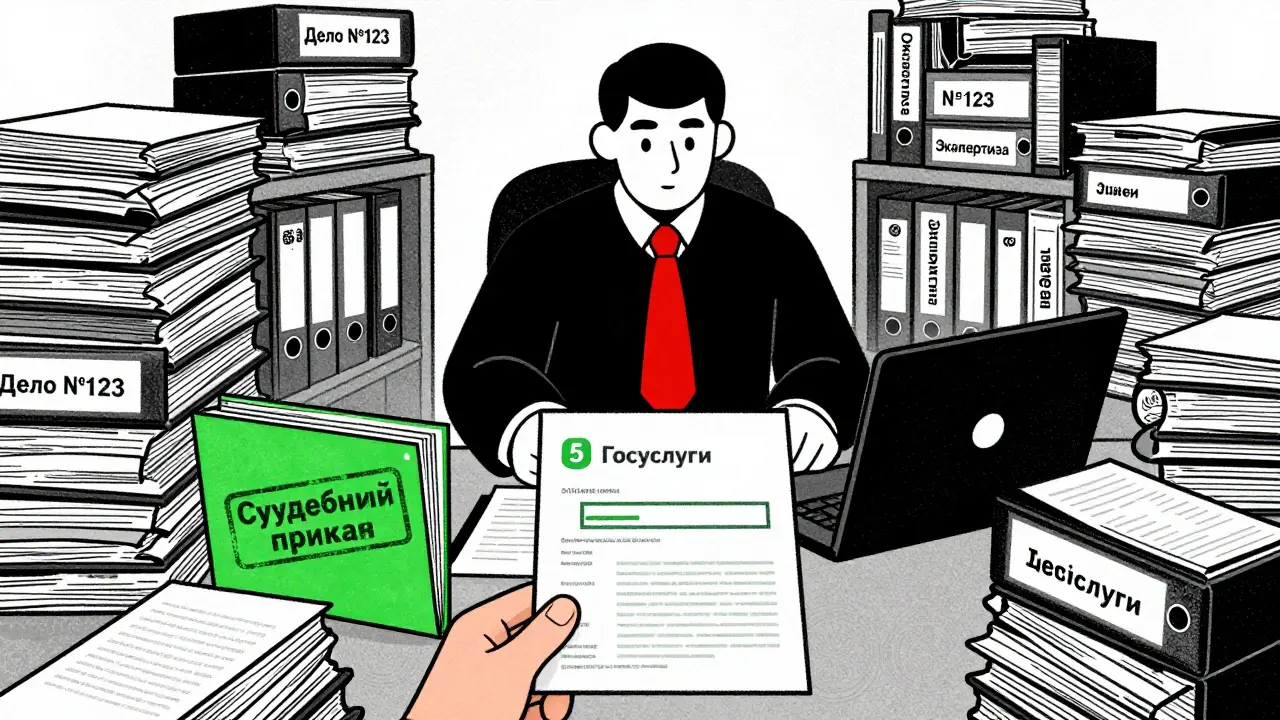 Судья, окруженный горами дел, а одна папка светится как судебный приказ.