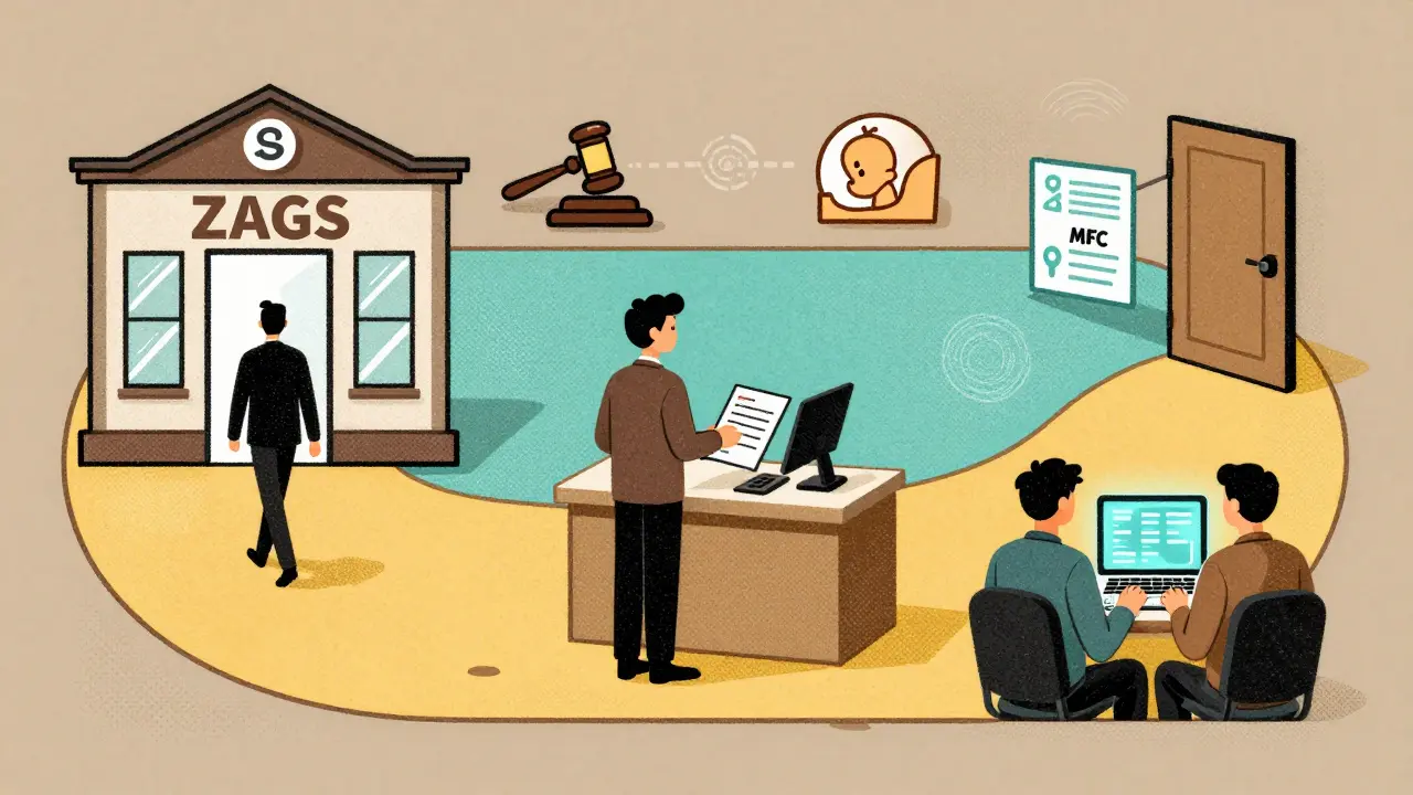 Три способа подать заявление на развод: в ЗАГСе, в МФЦ и через Госуслуги, изображённые как параллельные пути.