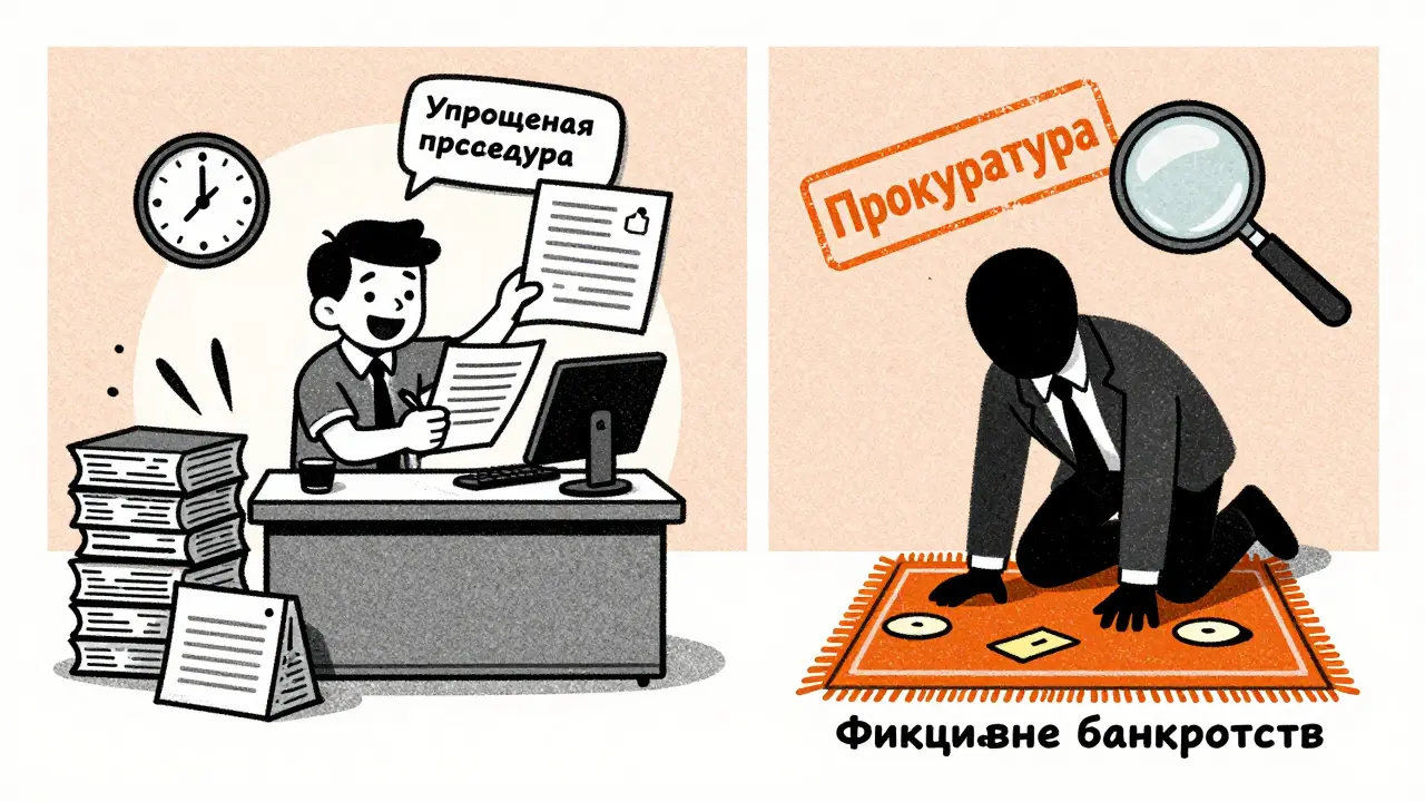 Упрощенное банкротство для малого бизнеса слева, фиктивное банкротство и прокуратура справа.
