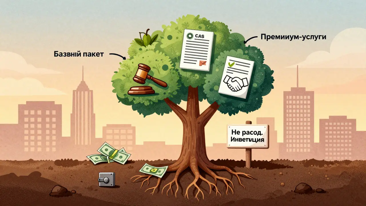 Юридическое обслуживание как растущее дерево с корнями в базовых услугах и плодами в защите бизнеса.