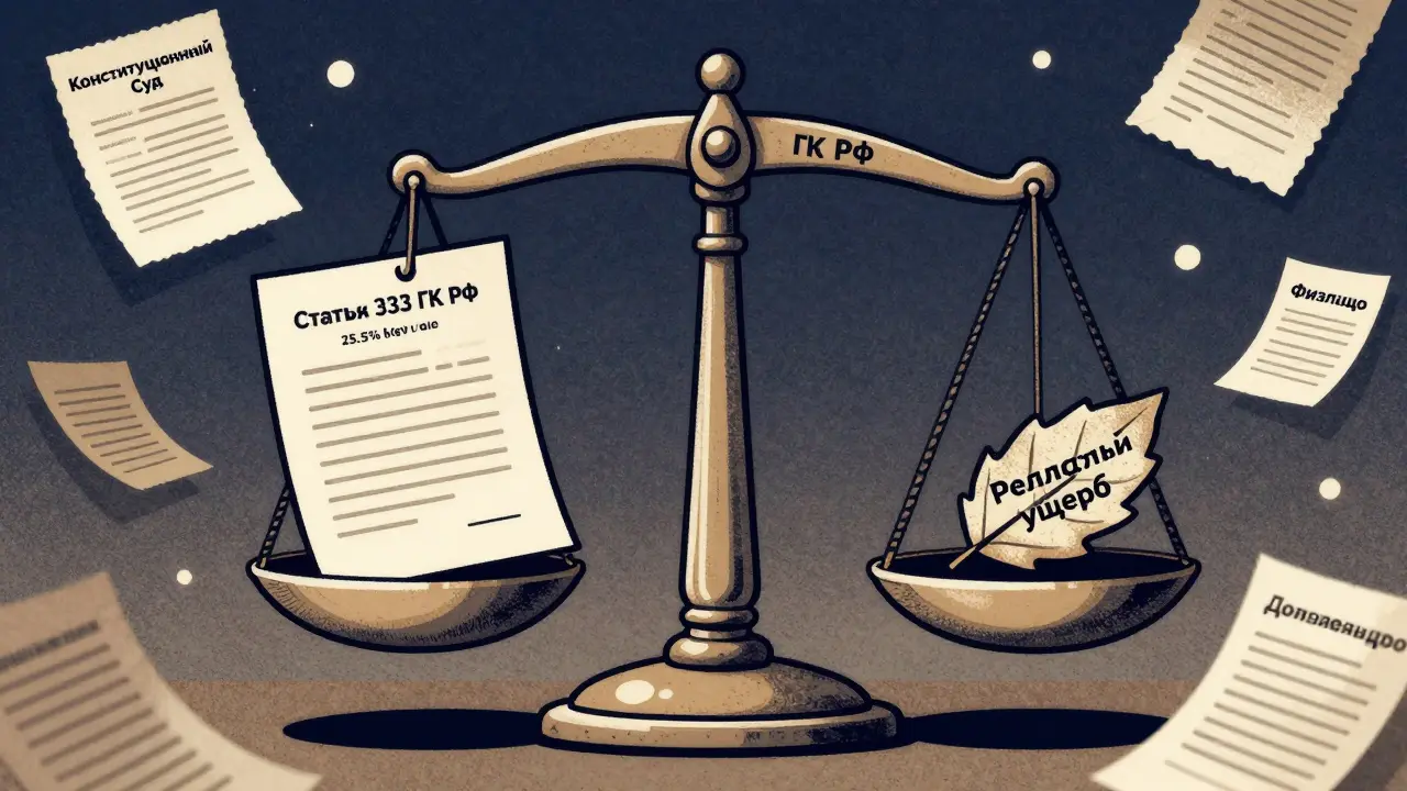 Весы с неустойкой 25,5% и листом 'Реальный ущерб', вокруг — правовые символы.