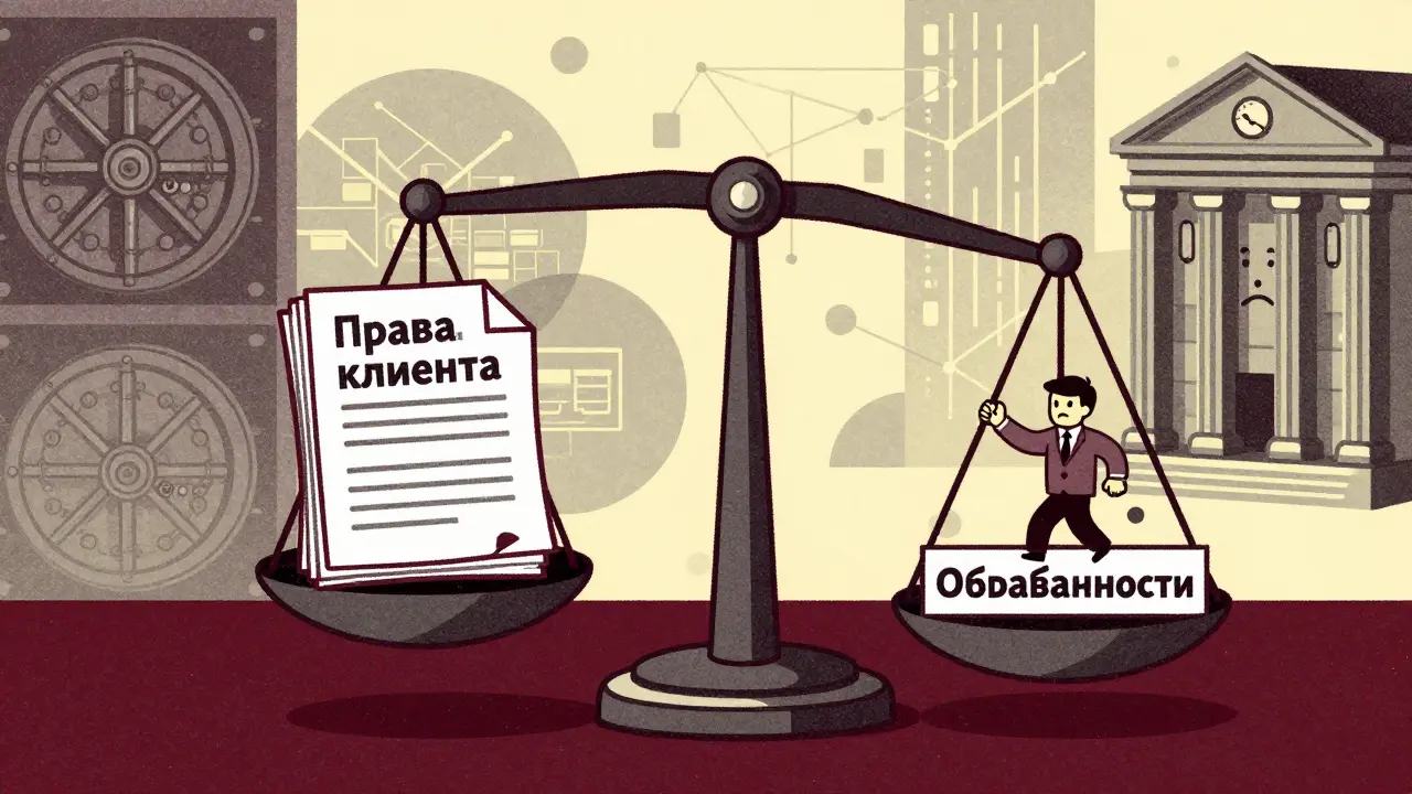 Весы с правами клиента и его обязанностями, банк пытается нарушить баланс, стиль — рисография.