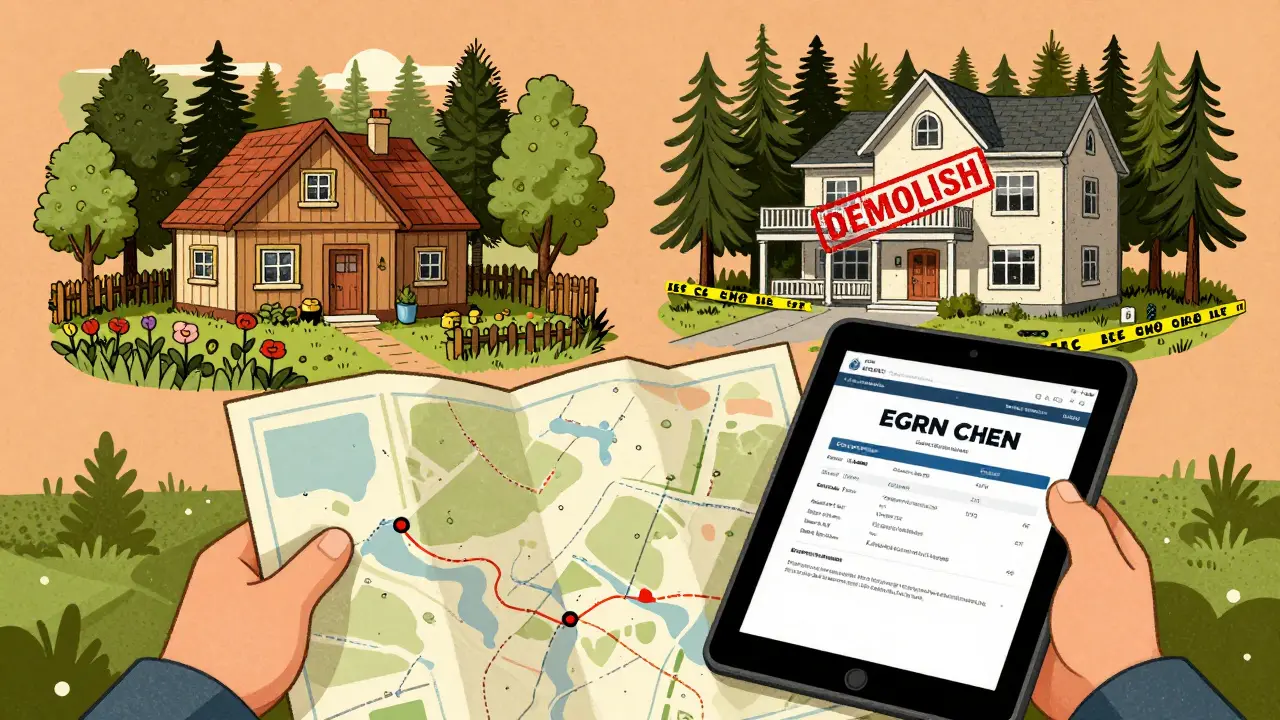 Владелец участка сравнивает бумажную карту с цифровой выпиской ЕГРН; слева — законный дом на ЛПХ, справа — снесённая постройка на лесной земле.