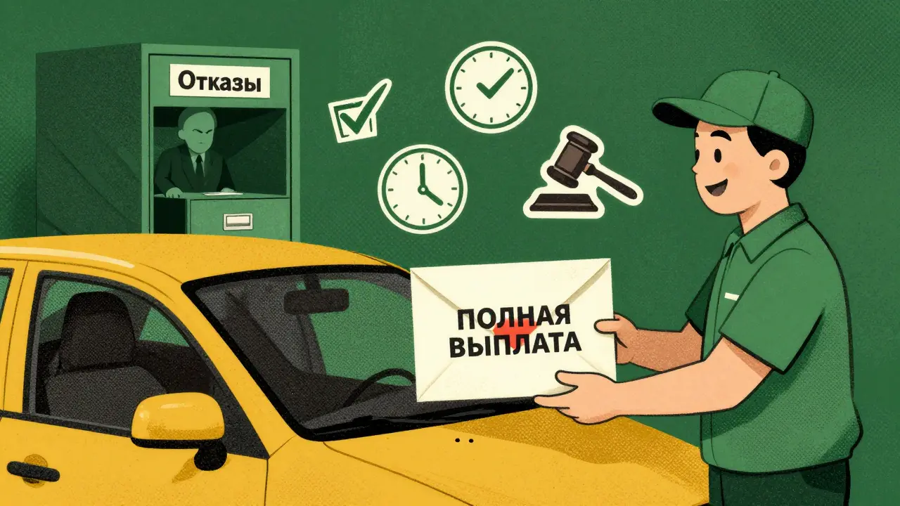 Водитель получает полную выплату от почтальона, а страховой агент тонет в стопке отказов.