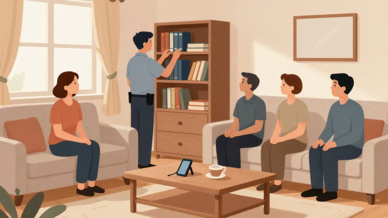 Женщина наблюдает за обыском в гостиной, свидетели и телефон на записи.