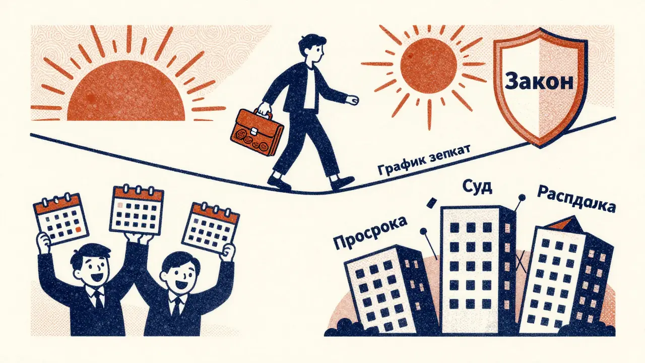 Жонглёр на канате с графиком выплат, с одной стороны — успех, с другой — крах банкротства.