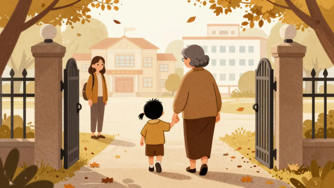 Бабушка гуляет с ребенком, мать смотрит издалека, осенние листья и здания на фоне.