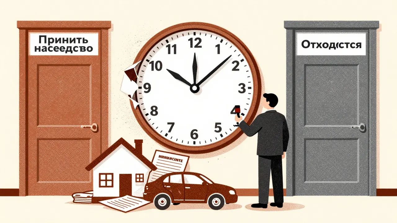 Часы с шестью месяцами над наследственными активами, человек между двумя дверями