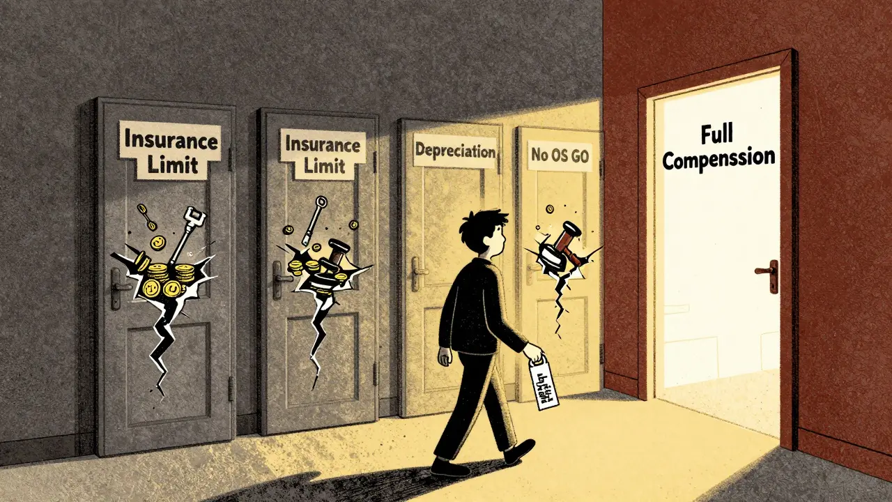 Человек идёт к выходу 'Полная компенсация', открывая двери с ограничениями страховой компании.