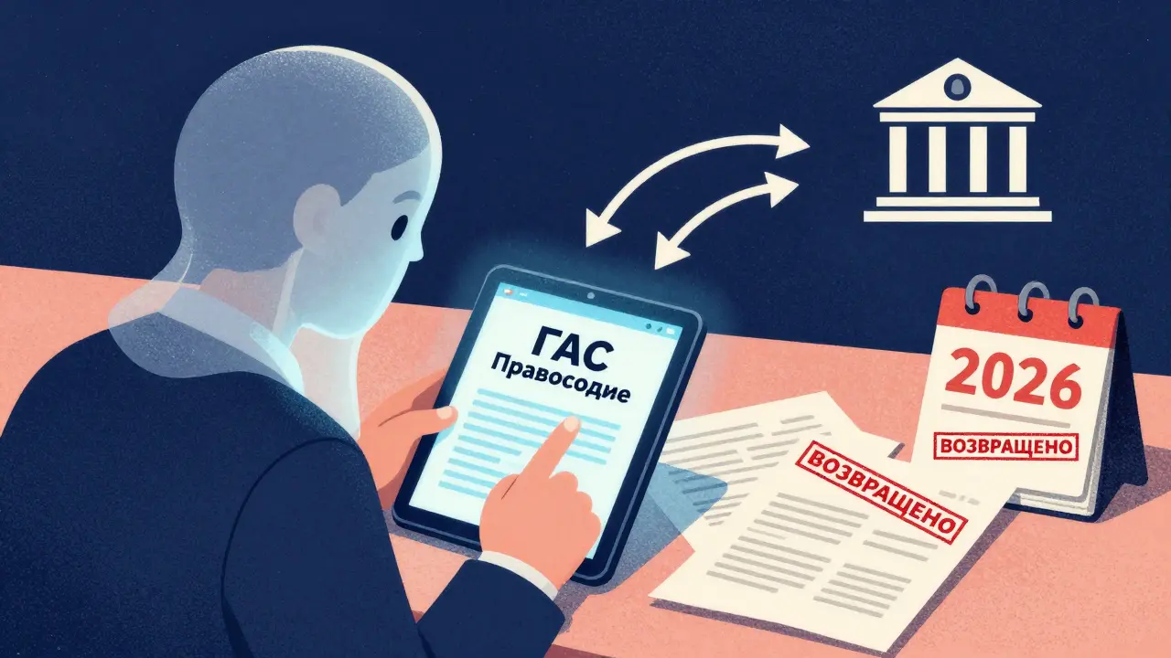 Человек подает апелляцию через планшет с системой ГАС Правосудие, вокруг — отклоненные бумажные жалобы и цифровые потоки.