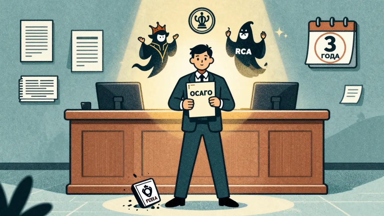 Человек в суде с документами по ОСАГО, рядом — символы ЦБ, омбудсмена и РСА