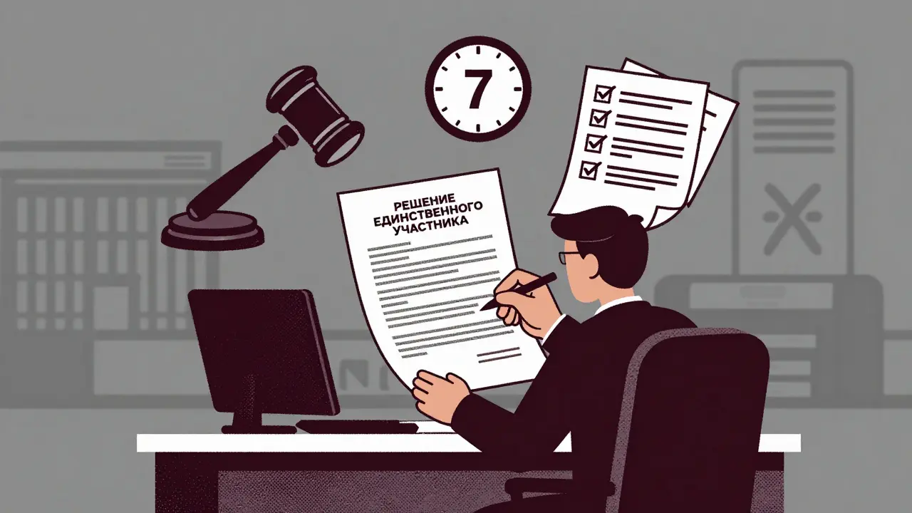 Единственный участник подписывает решение об изменении устава, рядом — символы срока и документов