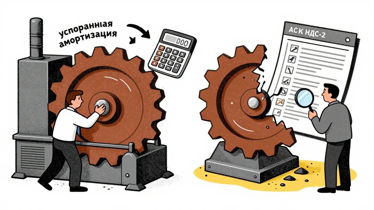 Фабрика применяет ускоренную амортизацию оборудования, а налоговая система АСК НДС-2 проверяет данные.