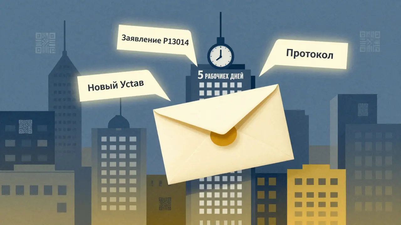 Конверт с документами летит к налоговой, на крыльях — названия нужных бумаг, надпись '5 рабочих дней'