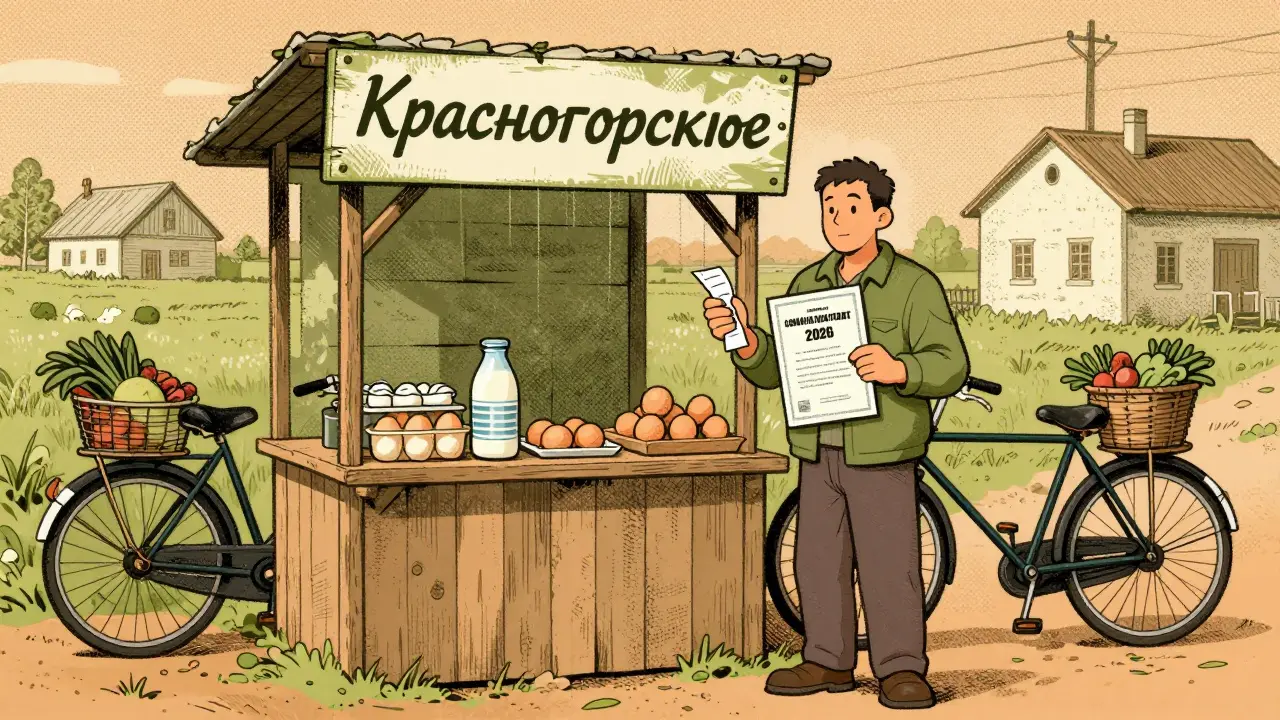 Мужчина продает молоко и яйца на рынке, держит чек и сертификат социального контракта, велосипед с корзиной у стены.