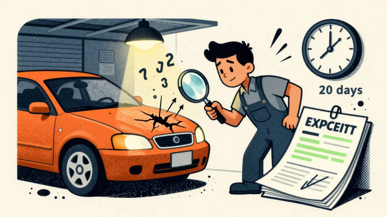 Независимый эксперт осматривает повреждения автомобиля с чеками и заключением рядом