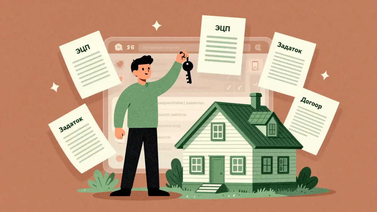 Покупатель держит ключ от дачи, вокруг — документы и цифровые элементы торгов, в стиле рисографии.