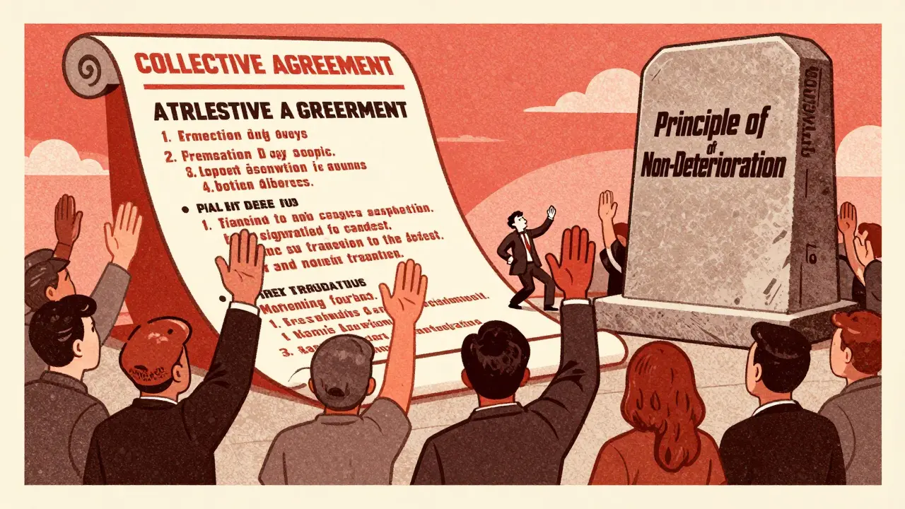 Рабочие подписывают коллективный договор с дополнительными льготами, защищённые принципом неухудшения.