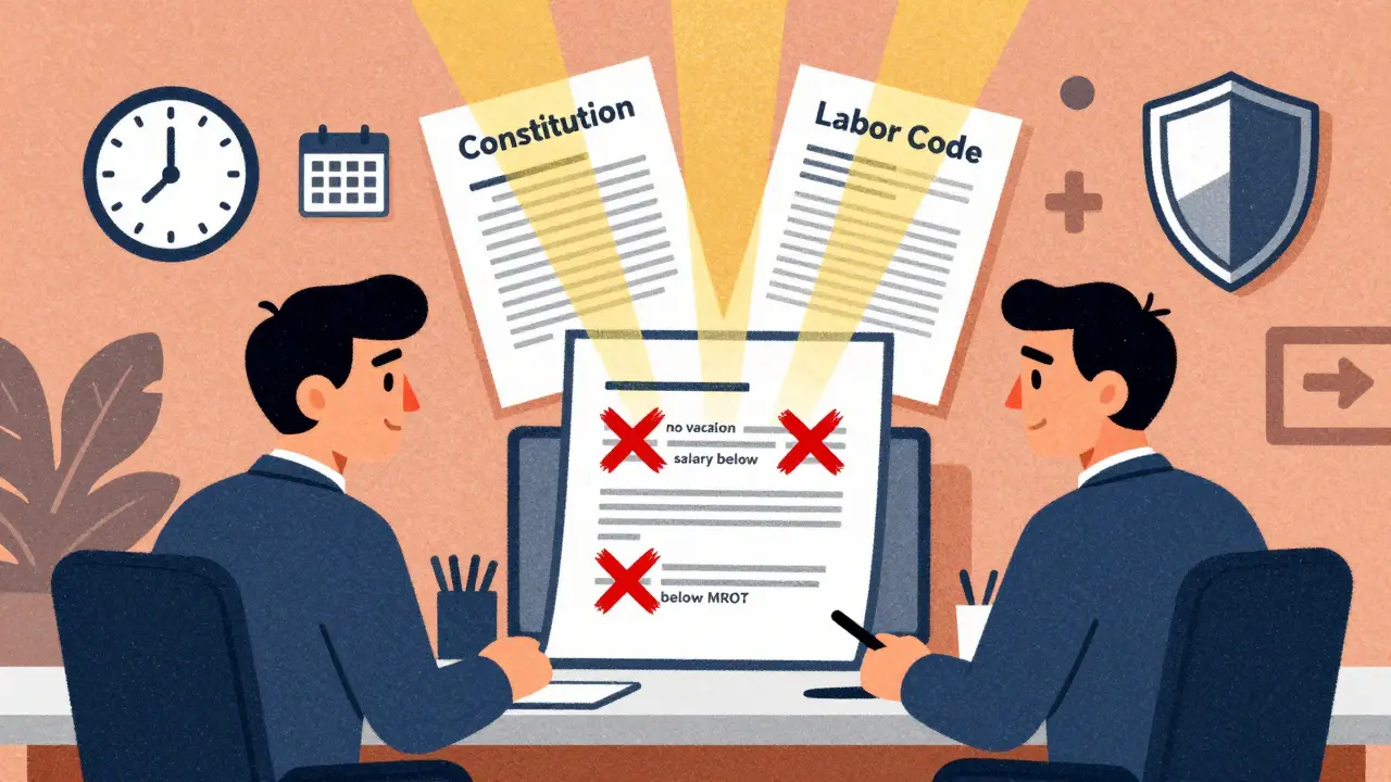 Работник и работодатель обсуждают трудовой договор, законные права светятся над ними.