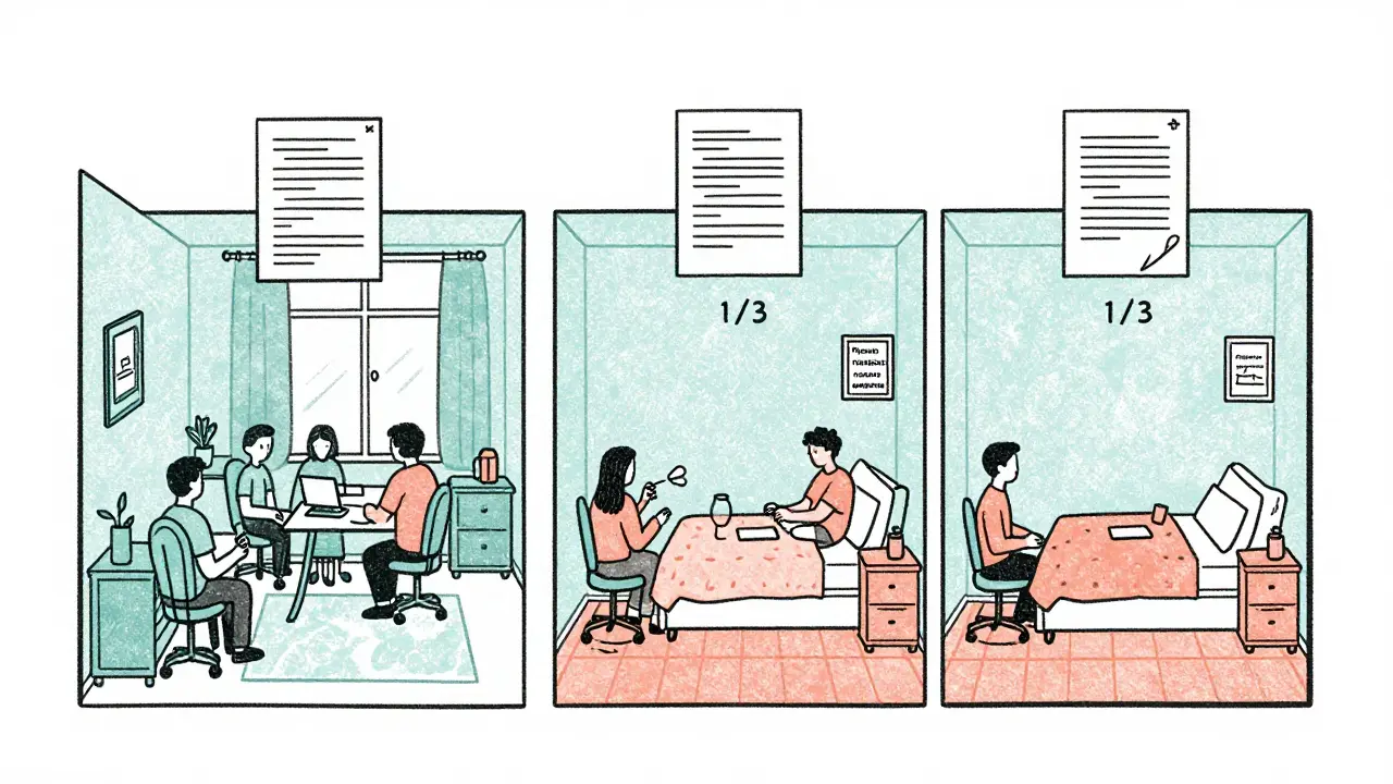 Разделённая квартира с тремя долями и надписью о регистрации права