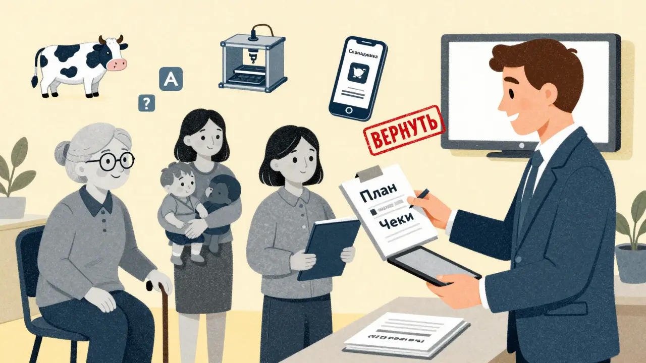 Разные люди в офисе соцзащиты получают персональные планы, вокруг — иконки помощи: корова, принтер, телефон с приложением.