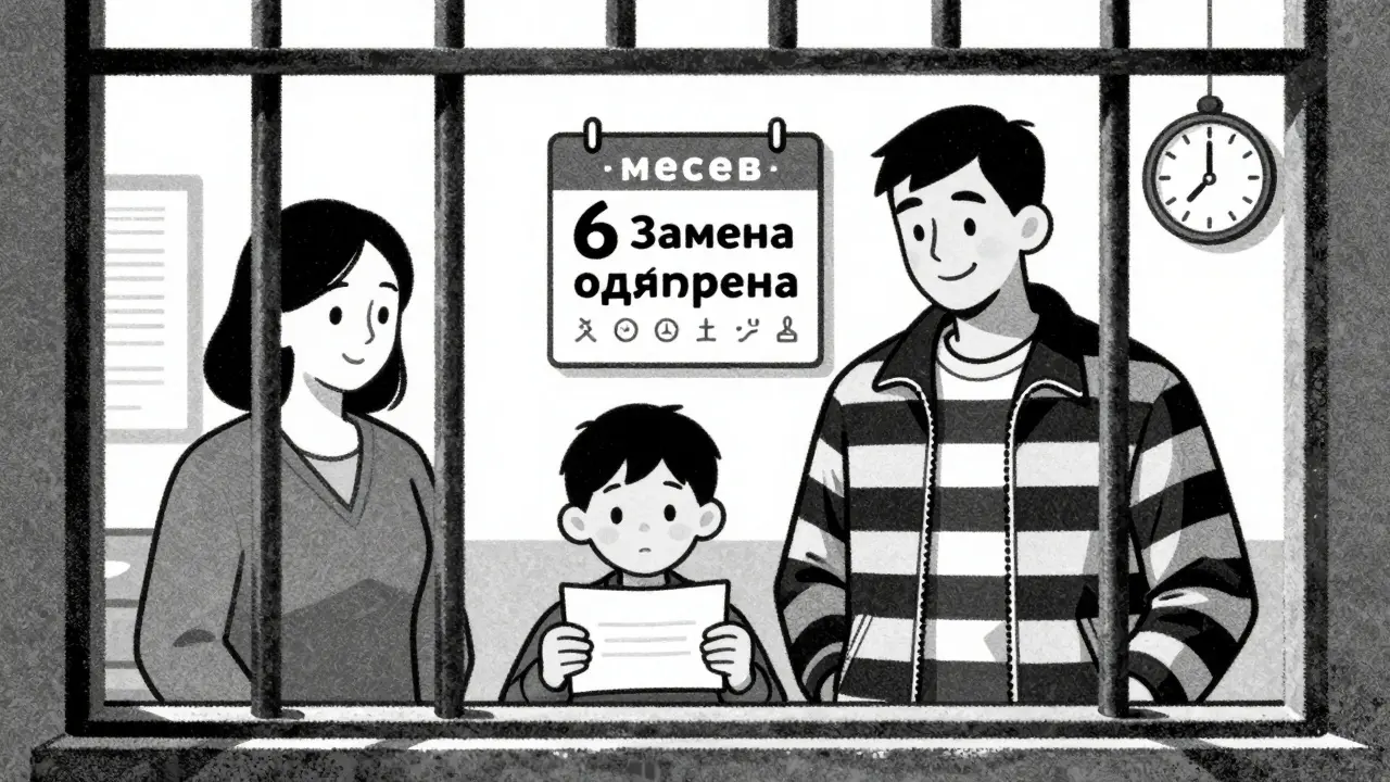 Семья встречает осуждённого после одобрения замены наказания — он уже не в тюремной форме.