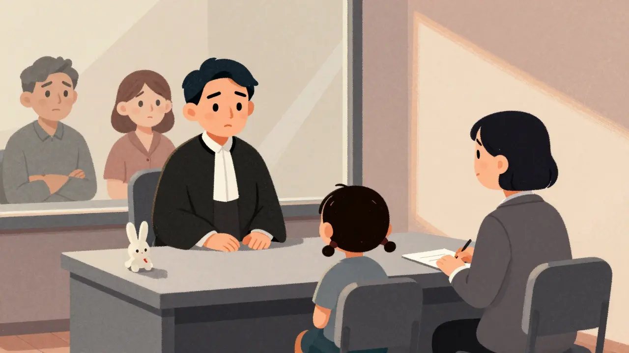 Судья слушает ребенка в кабинете, рядом психолог, родители за зеркалом.