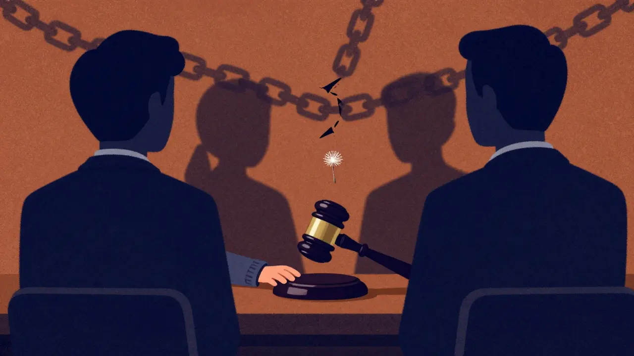 Суд защищает ребёнка — родители отвернуты, но ребёнок в центре внимания.