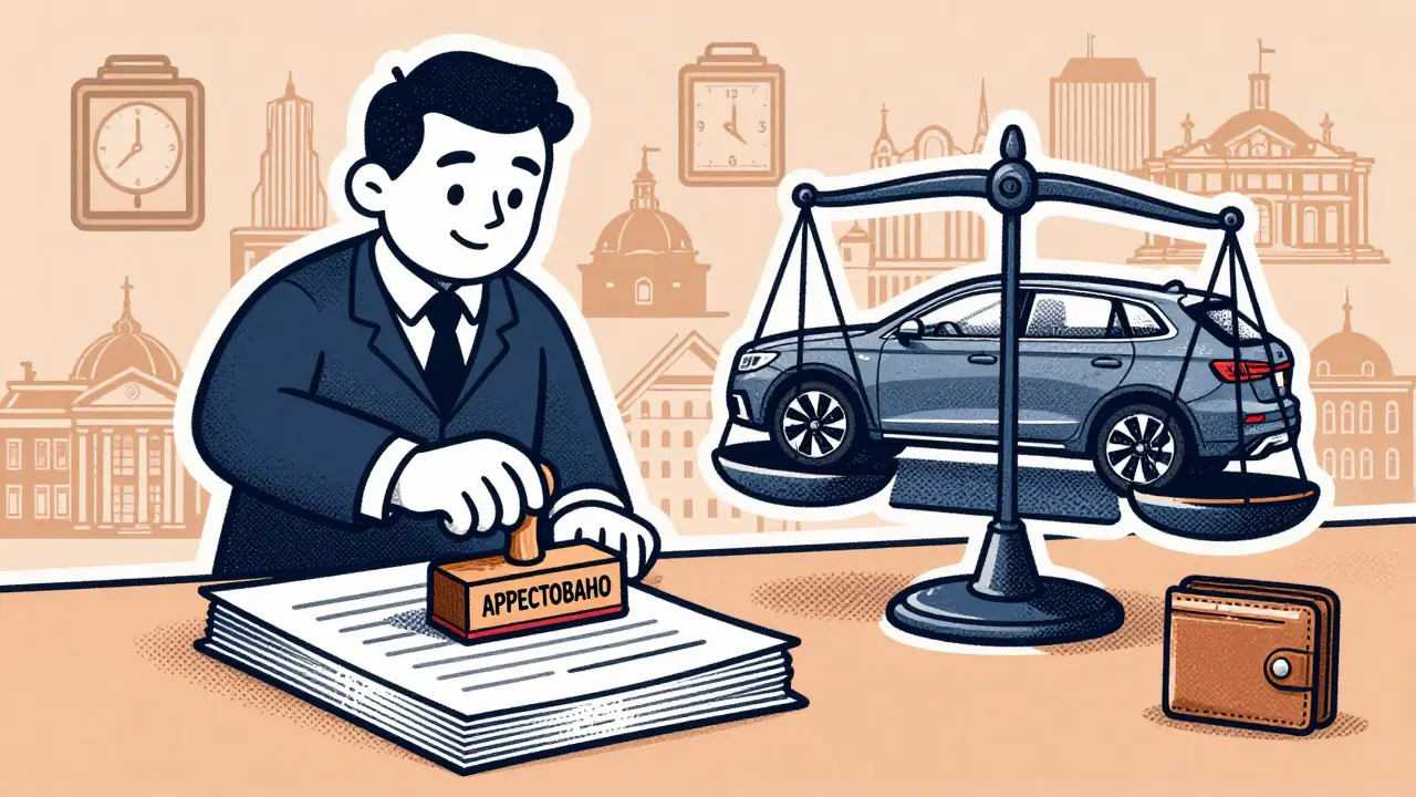 Судебный пристав ставит штамп 'арестовано' на документах, над ними — весы с машиной и кошельком.