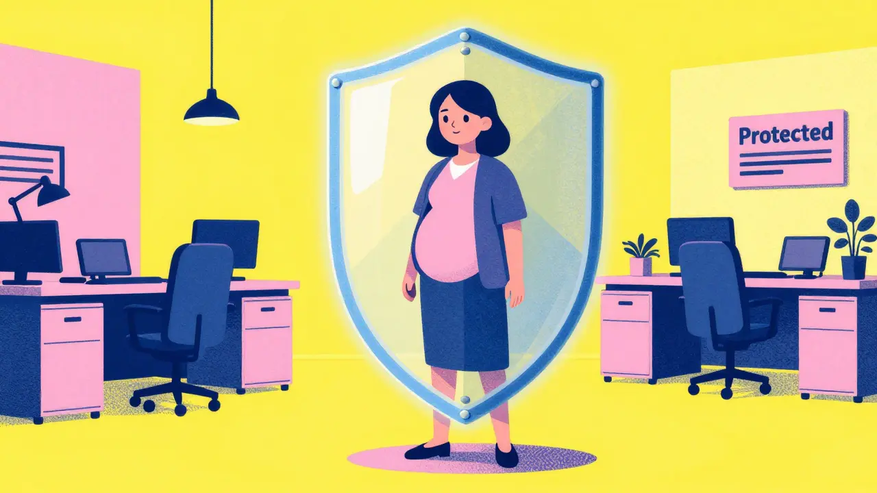 Беременная сотрудница под защитным куполом закона в офисе в стиле ризографии