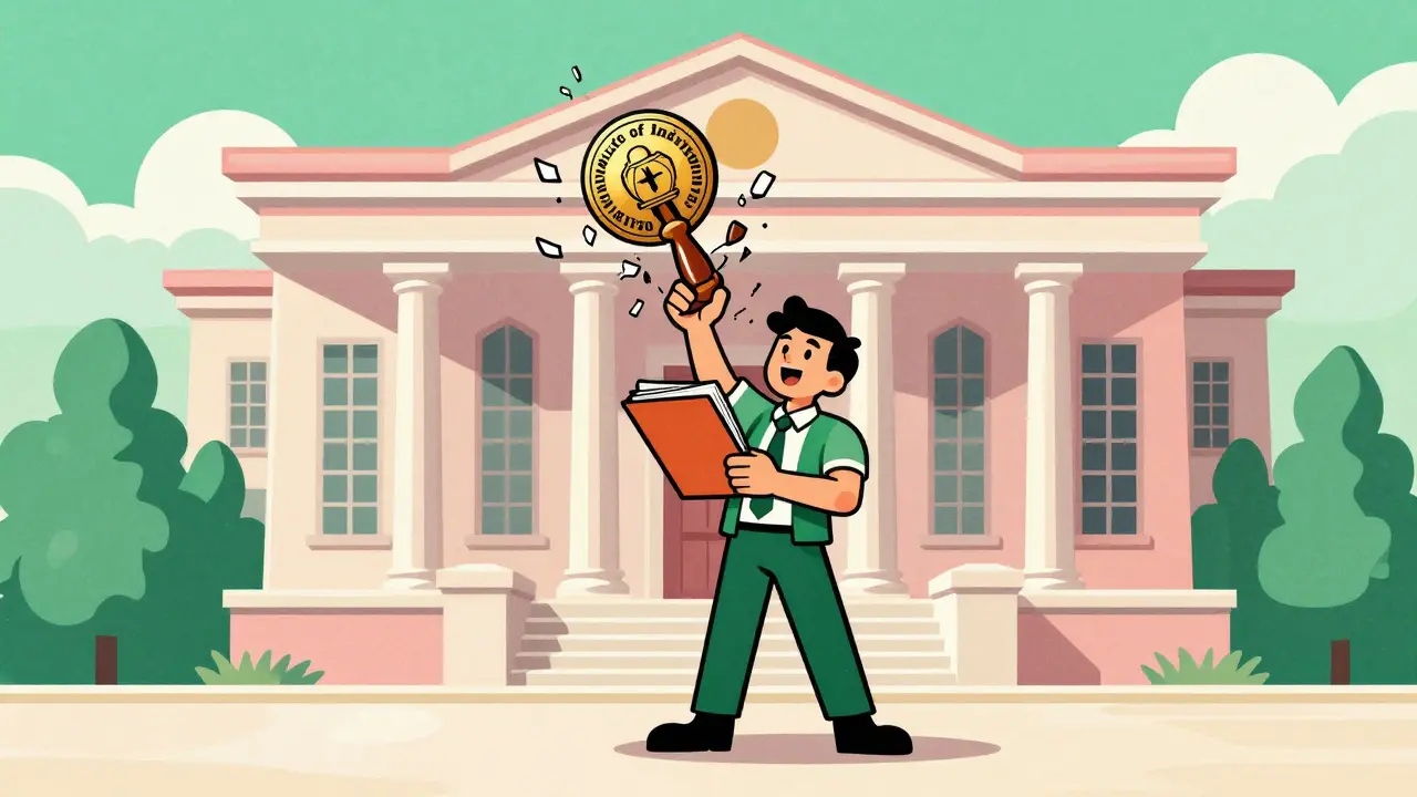 Человек перед зданием суда, за которым рассыпается старая печать документа