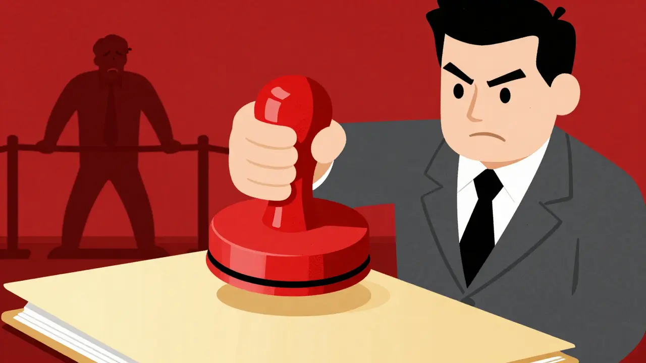 Чиновник ставит красный штамп на папку с делом о принудительной ликвидации фирмы