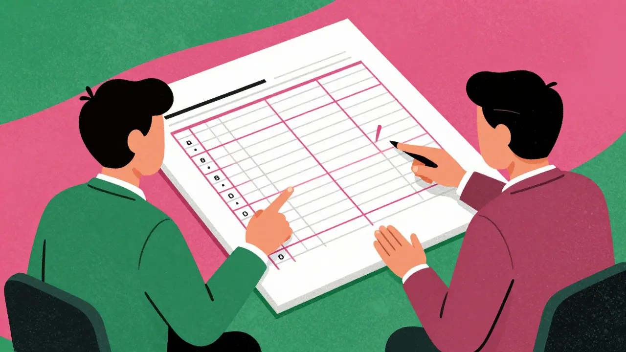 Два партнера согласовывают правки в таблице протокола в стиле ризографии