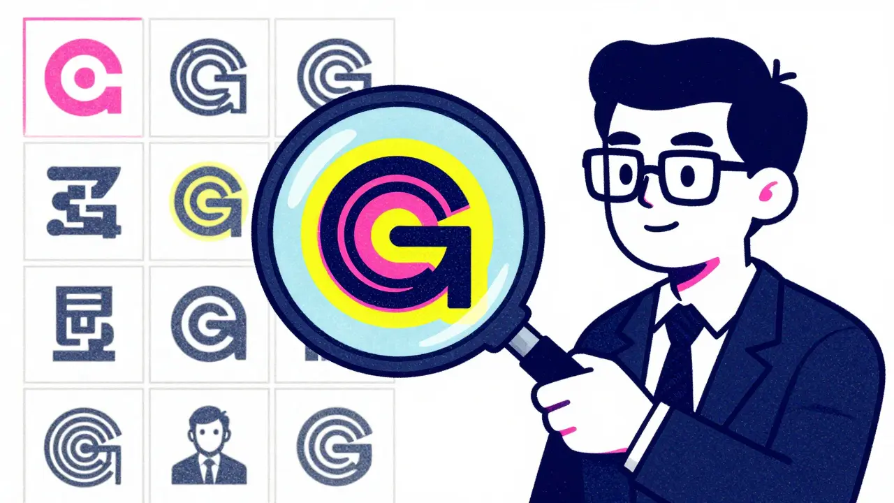 Экспертиза логотипа в Роспатенте через увеличительное стекло в иллюстративном стиле