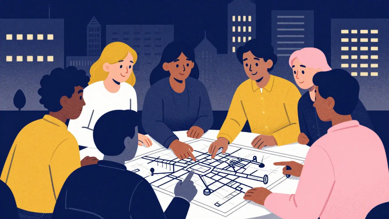 Группа жителей обсуждает карту застройки района